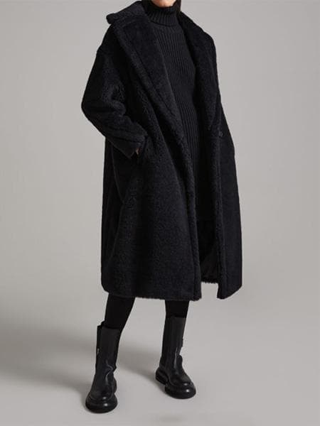 マックスマーラアルパカシルクウールテディベアアイコンコート■白タグＭ黒ブラック