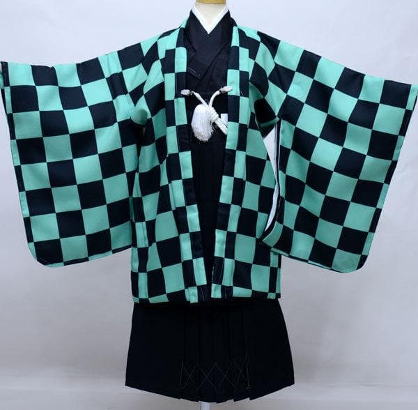 七五三 五歳 男児 羽織 袴フルセット 日本製 黒×緑 市松模様 NO33449