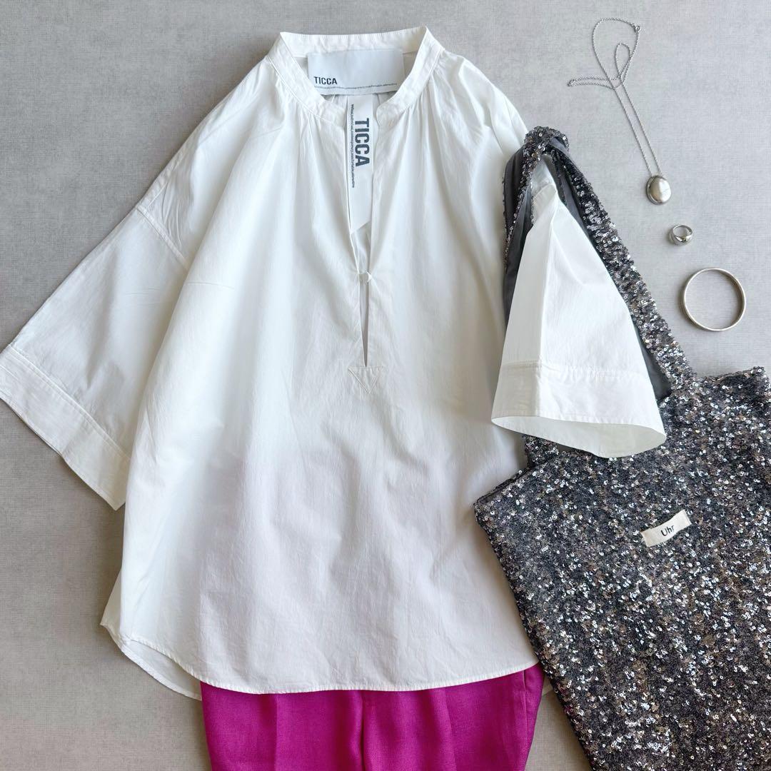 美品▲TICCA ティッカ //コットンスキッパー半袖シャツ ▲オフホワイト　白