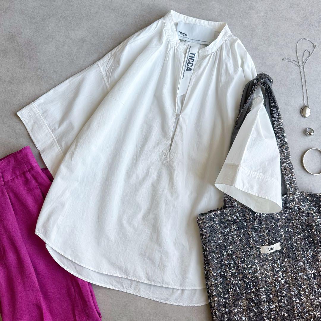 美品▲TICCA ティッカ //コットンスキッパー半袖シャツ ▲オフホワイト　白