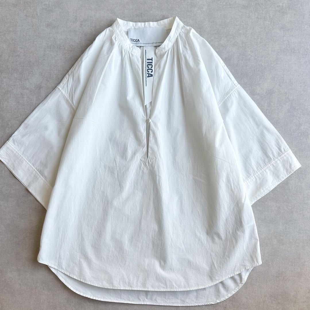 美品▲TICCA ティッカ //コットンスキッパー半袖シャツ ▲オフホワイト　白