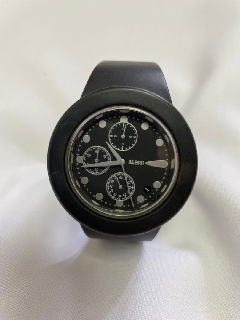 希少 ALESSIクロノグラフ 黒×シルバー ピロヴァーノデザイン 防水ラバー