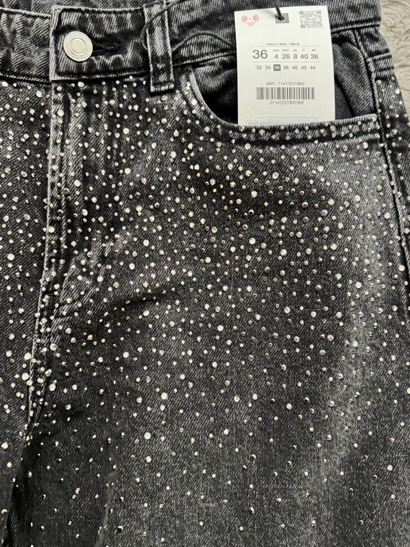 ZARA ルーズワイドレッグ ミッドライズ デニムパンツ グリッター　36