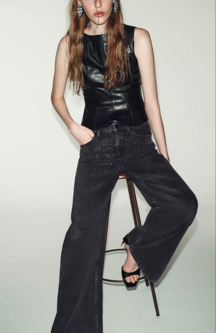 ZARA ルーズワイドレッグ ミッドライズ デニムパンツ グリッター　36