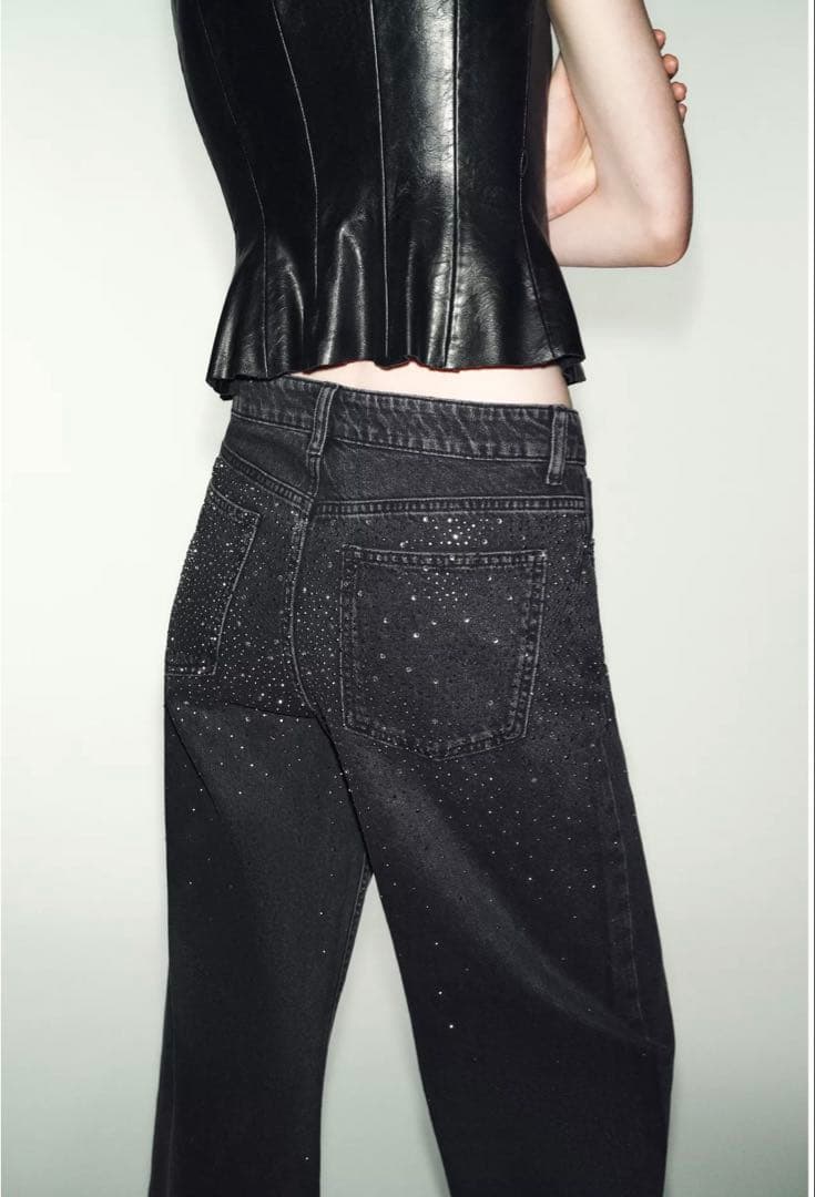 ZARA ルーズワイドレッグ ミッドライズ デニムパンツ グリッター　36