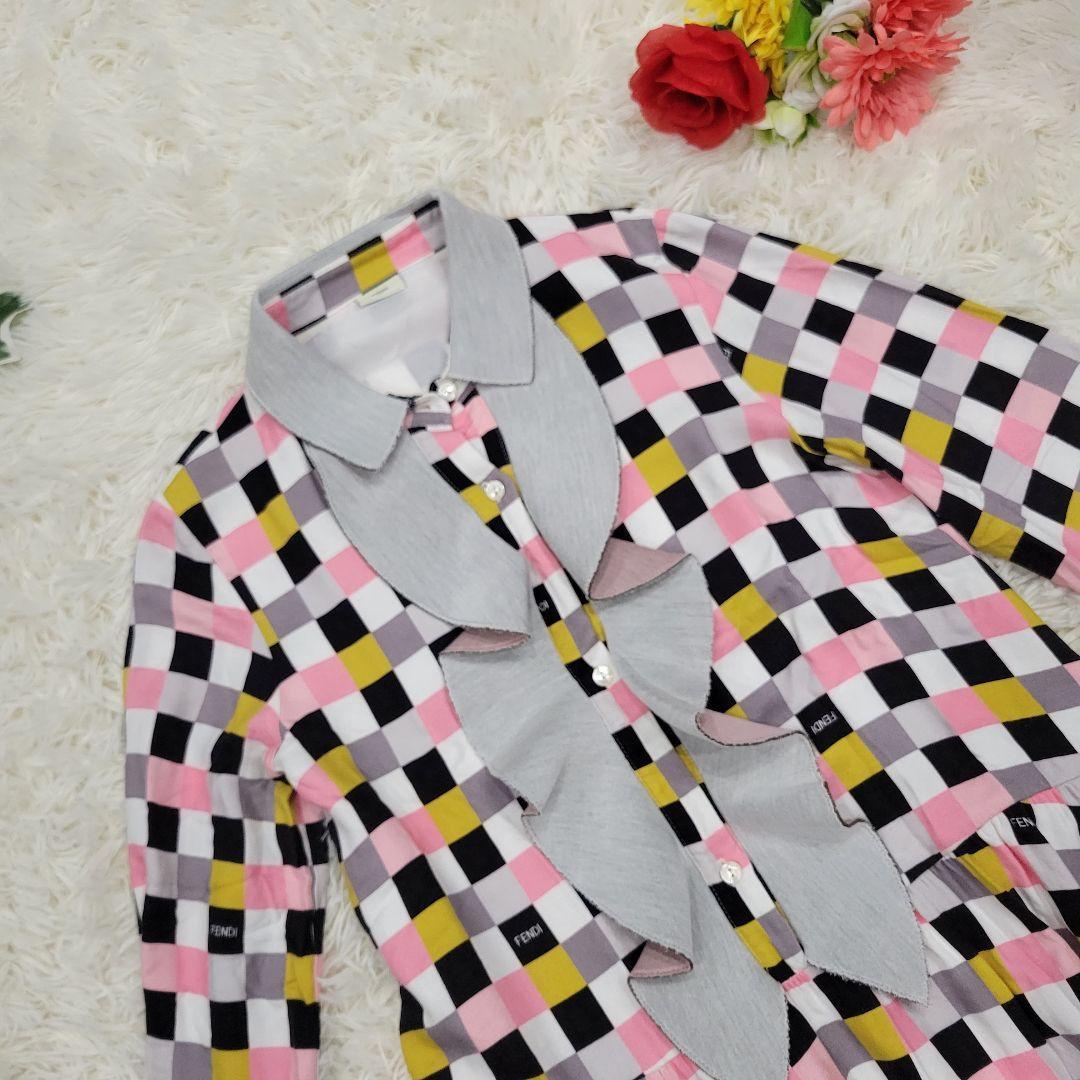 FENDI　フェンディ　ブロックチェック　ロゴ　ワンピース　ドレス　派手フリル
