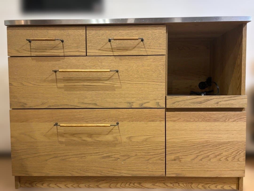 nora.キッチンカウンター 120 ステンレ天板 木製キャビネット 食器棚