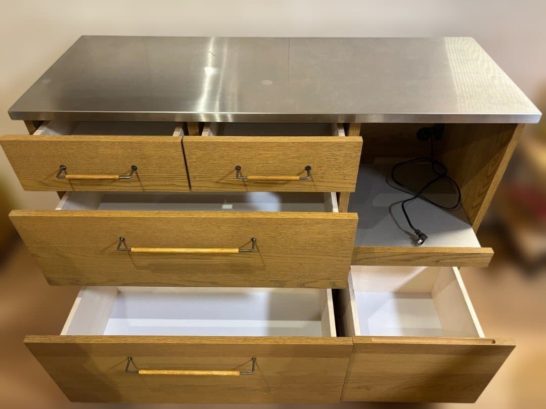 nora.キッチンカウンター 120 ステンレ天板 木製キャビネット 食器棚