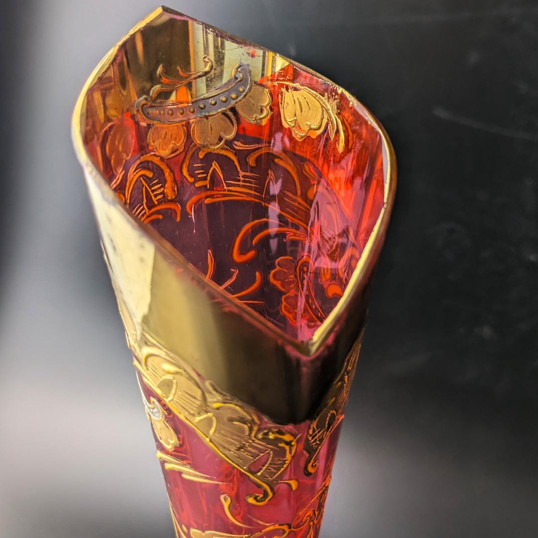 【輝く】オールドモーゼル ルビー 金彩銀彩 唐草紋様 花瓶25cm アンティーク