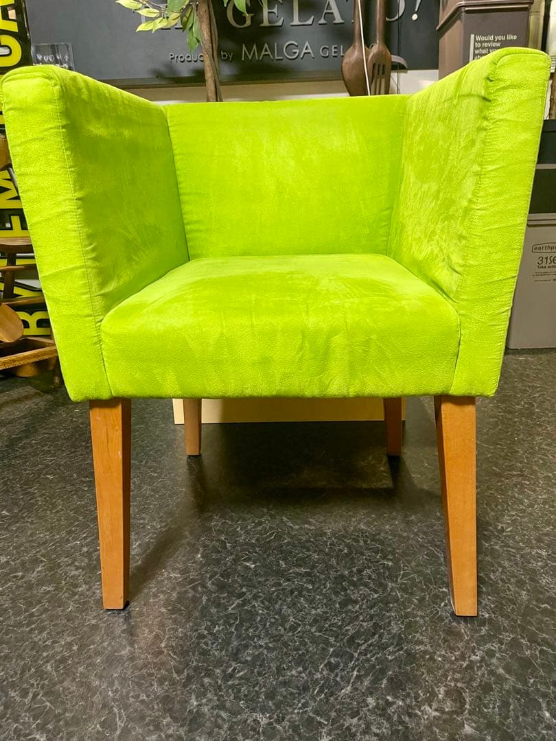 ②グリーン ソファー 椅子 1人がけ スウェード生地 オシャレ