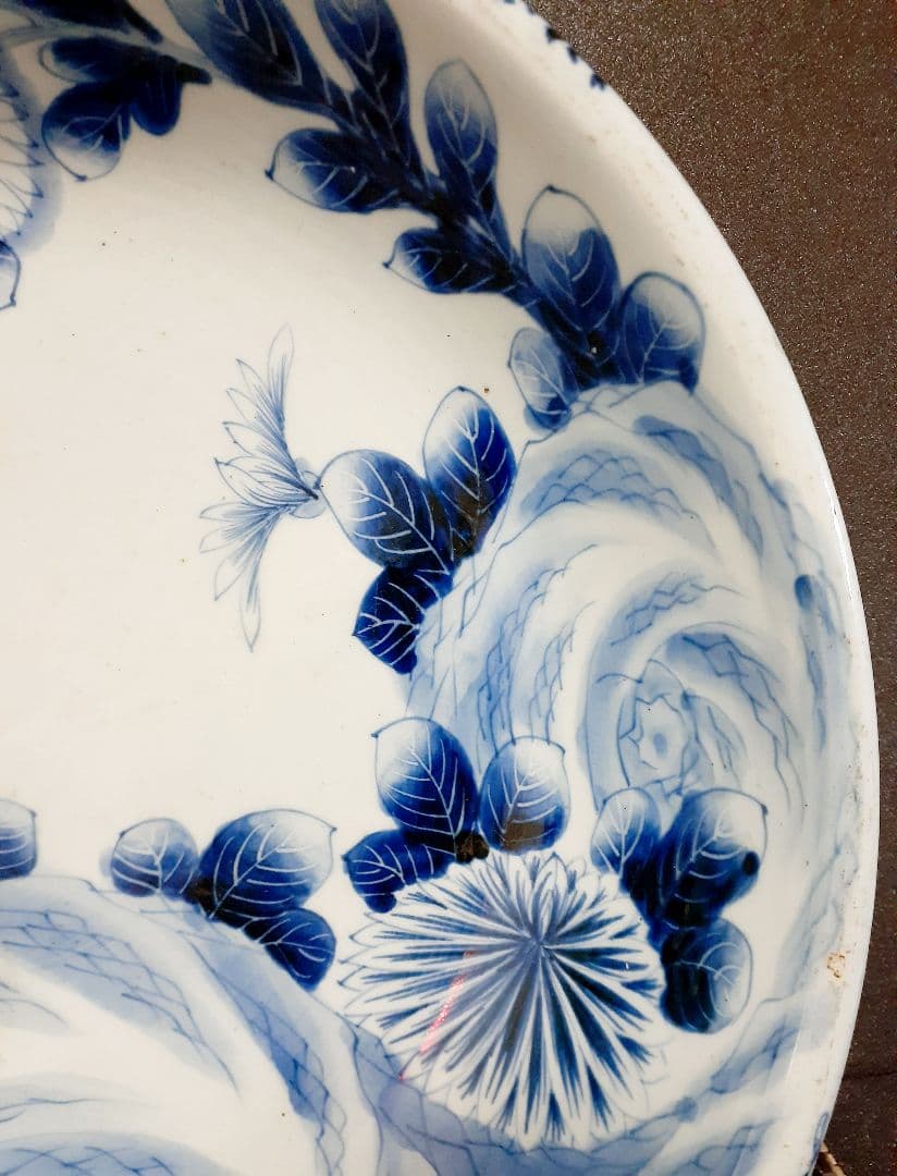 【大名品】江戸末期～明治初期　古伊万里　染付　菊花に蝶の図　特大38.1cm大鉢