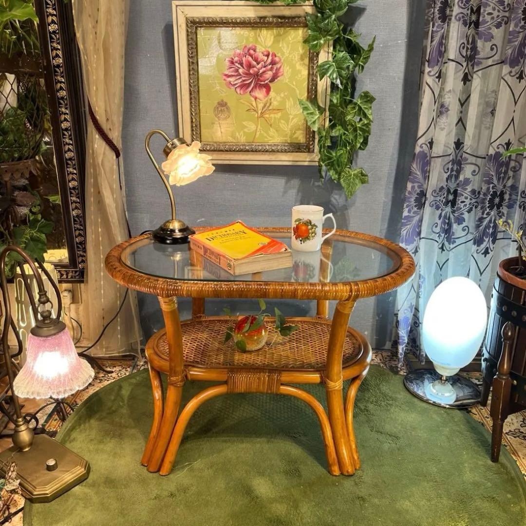 Sale ヴィンテージ 籐ラタンフレーム オーバル　ローテーブル