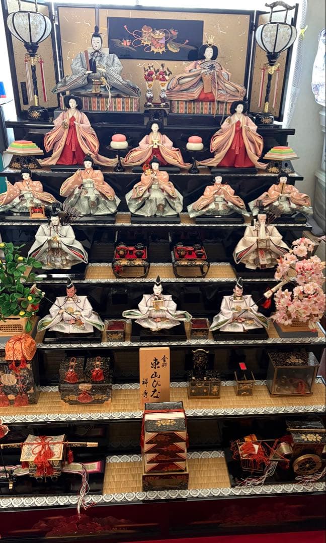 雛人形 七段飾り 台・屏風・道具③④⑤ 三段重/ぼんぼり/桜橘 ※シミ色あせあり