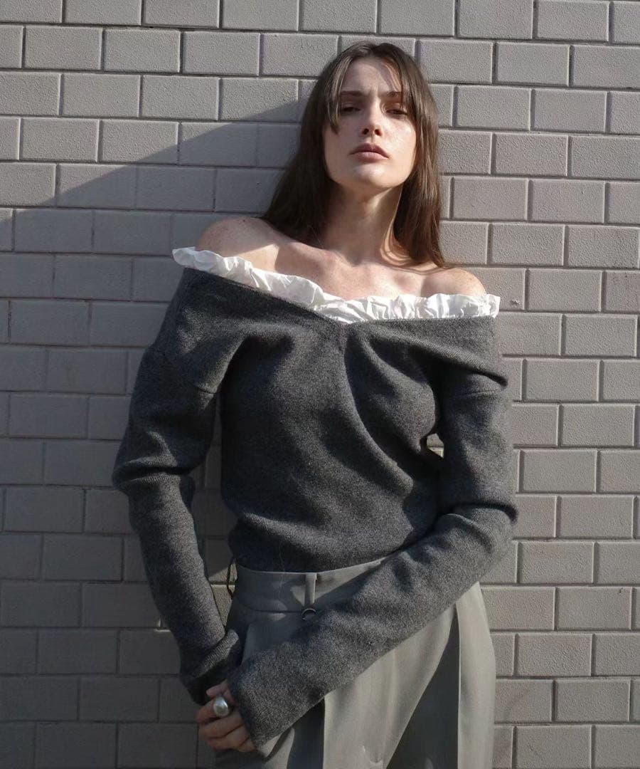 CLANE 2WAY FRILL V NECK KNIT TOPS グレー2