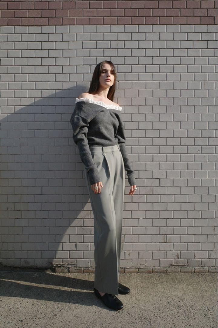 CLANE 2WAY FRILL V NECK KNIT TOPS グレー2