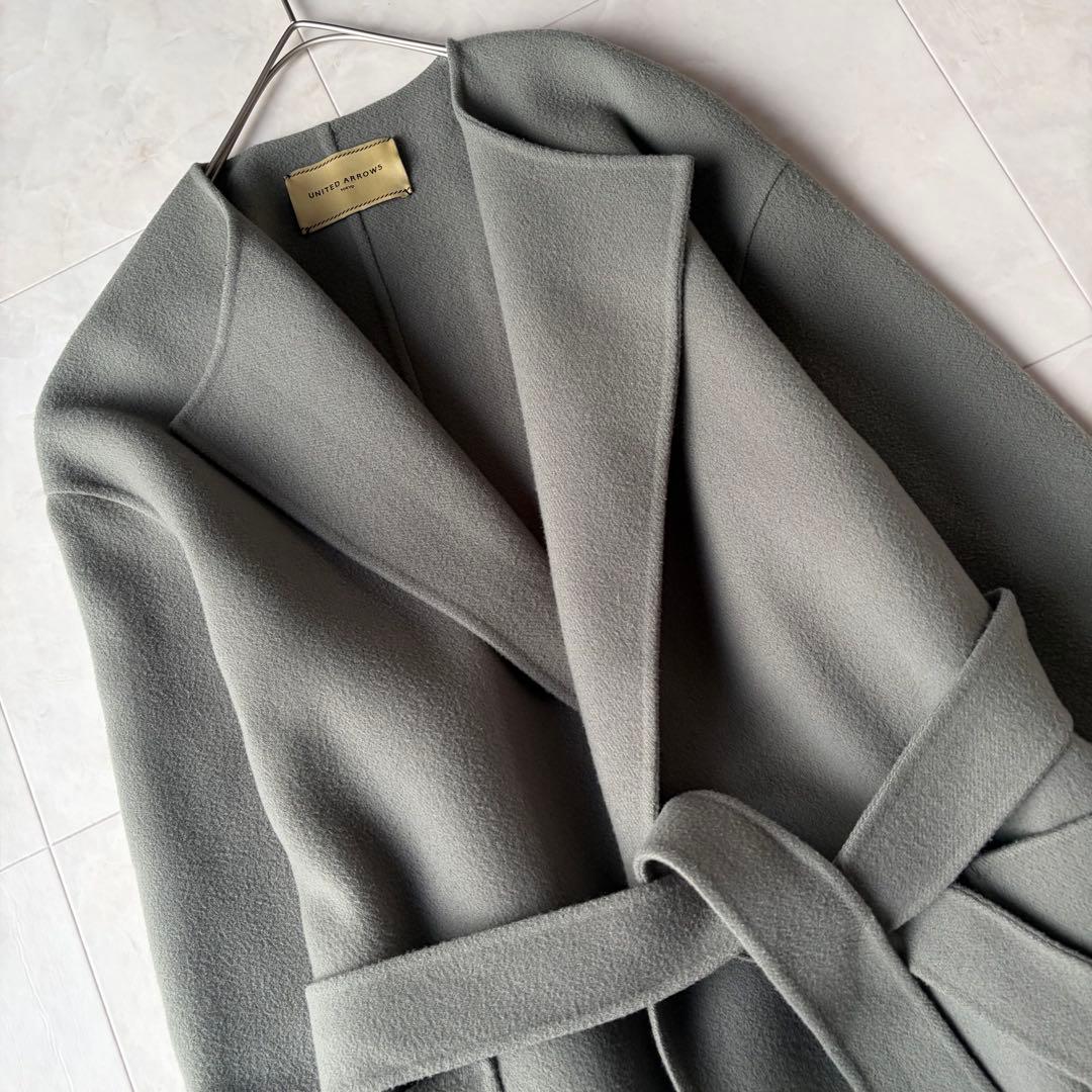 ユナイテッドアローズ ウール リバー ベルテッド ロングコート グレー 36
