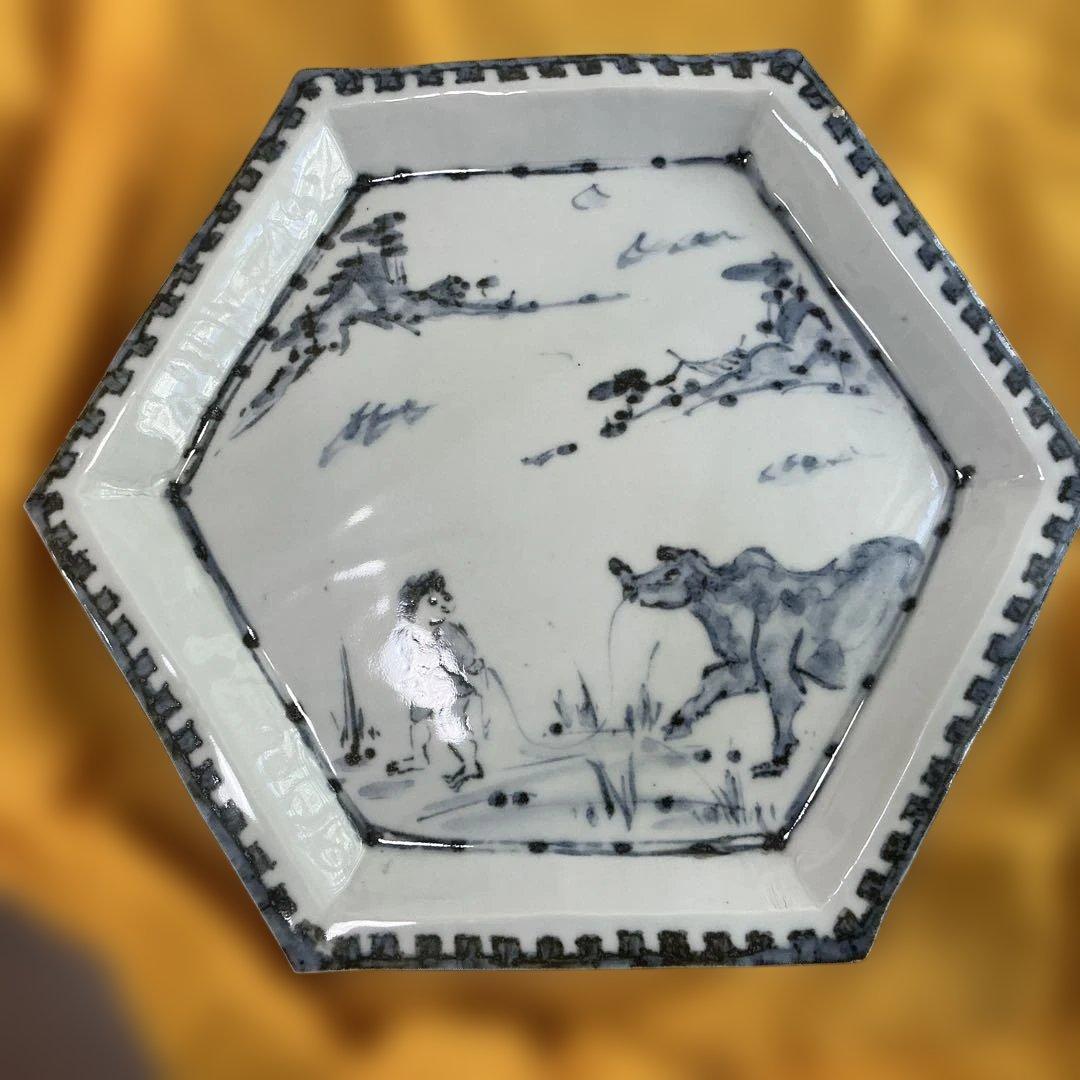 坪島土平　染付童牛絵六角鉢　廣永窯　美品　35cm