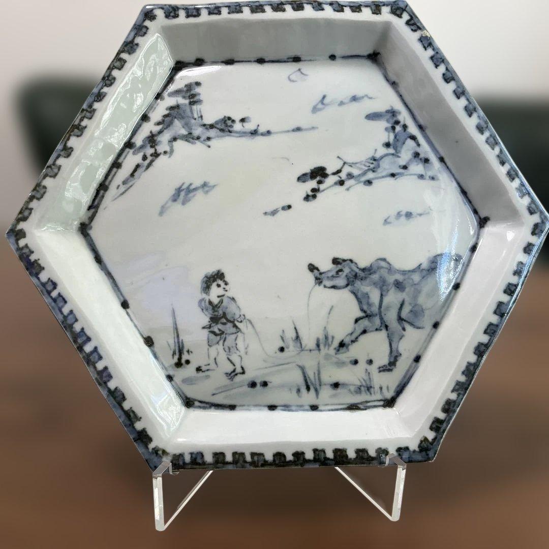 坪島土平　染付童牛絵六角鉢　廣永窯　美品　35cm