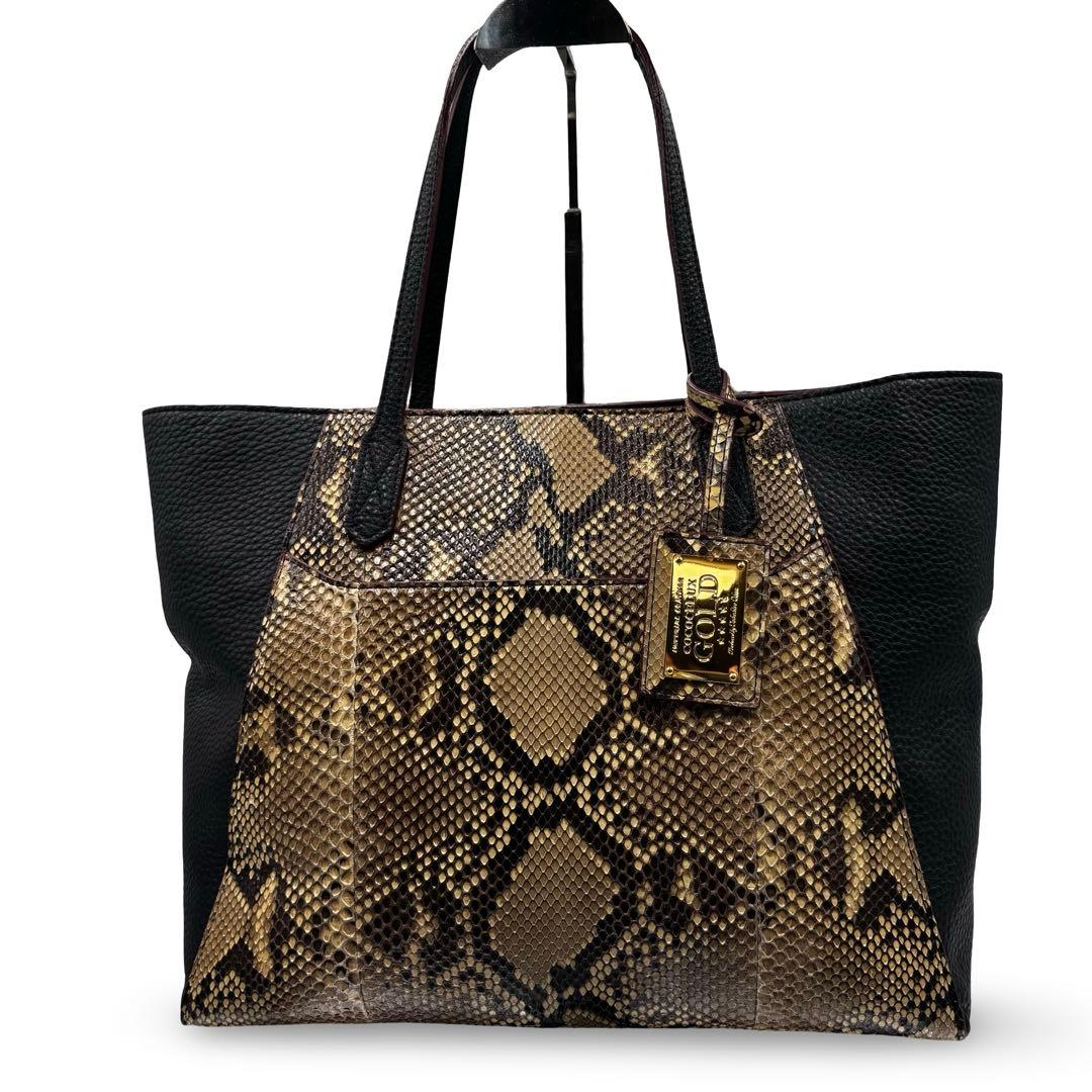 【良品】ココセリュクスゴールド　トートバッグ　パイソン　レザー　チャーム　黒