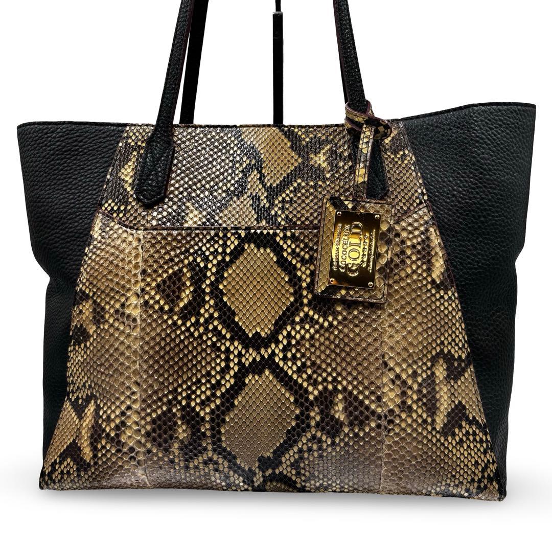 【良品】ココセリュクスゴールド　トートバッグ　パイソン　レザー　チャーム　黒