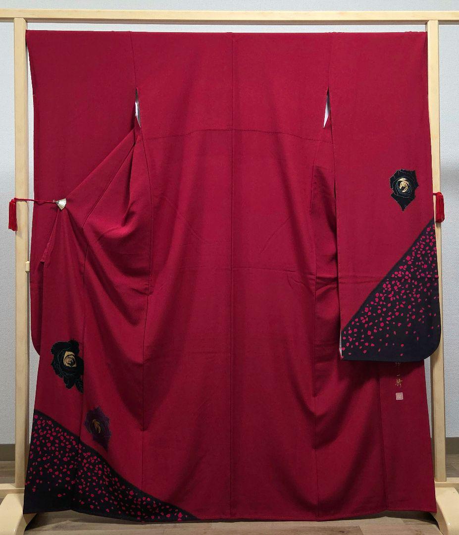 D◆着物くつろぎ 草野一騎 薔薇の花 金彩 縮緬 袷 正絹 振袖 成人式 着物