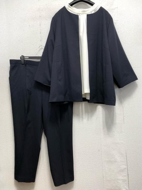 新品☆6L♪紺系♪ドビー素材セットアップパンツスーツ3点セット☆a369