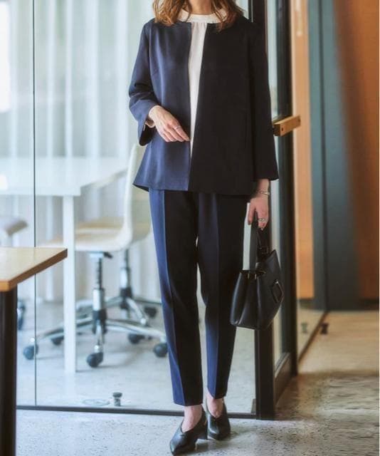 新品☆6L♪紺系♪ドビー素材セットアップパンツスーツ3点セット☆a369