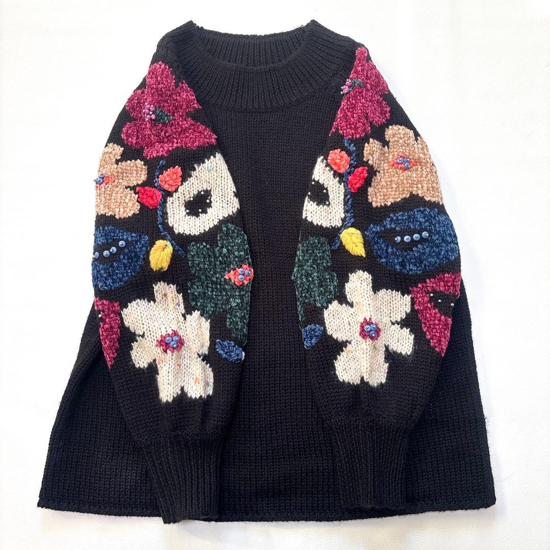 ビアズリー 人気完売品 花ジャガードニット 刺繍 ボリュームスリーブ