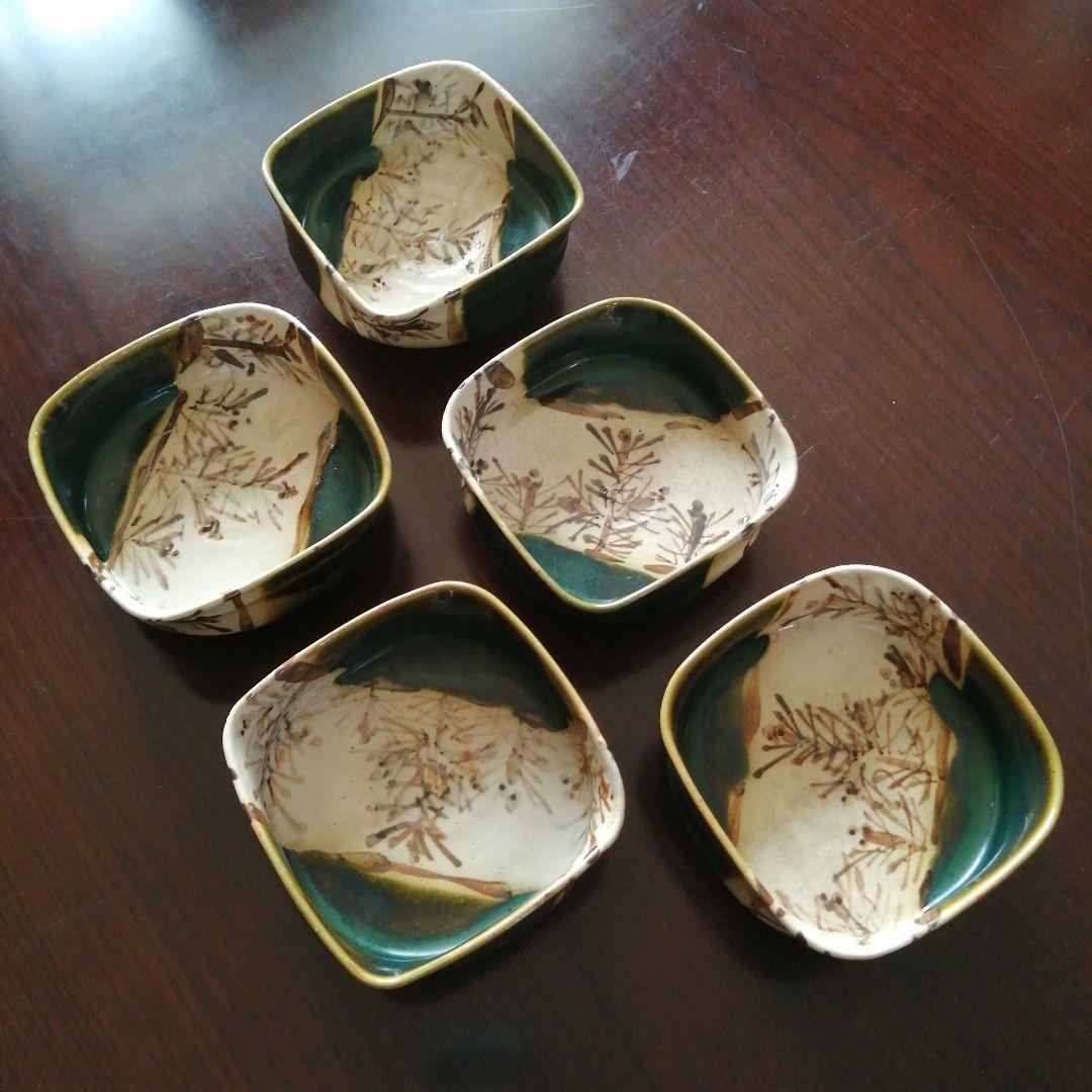 瀬戸焼　加藤作助　織部角向付　5客　11cm　大正〜昭和中期