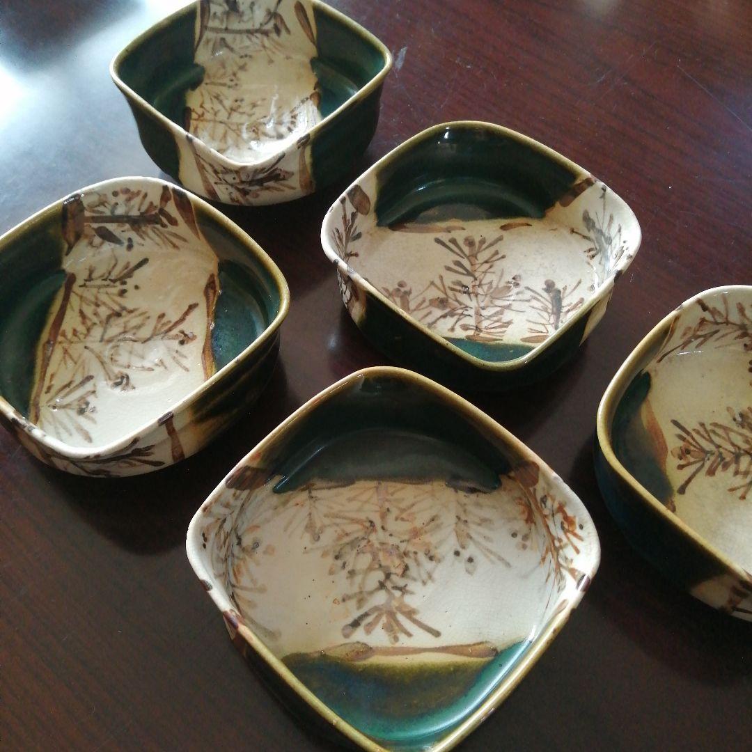 瀬戸焼　加藤作助　織部角向付　5客　11cm　大正〜昭和中期
