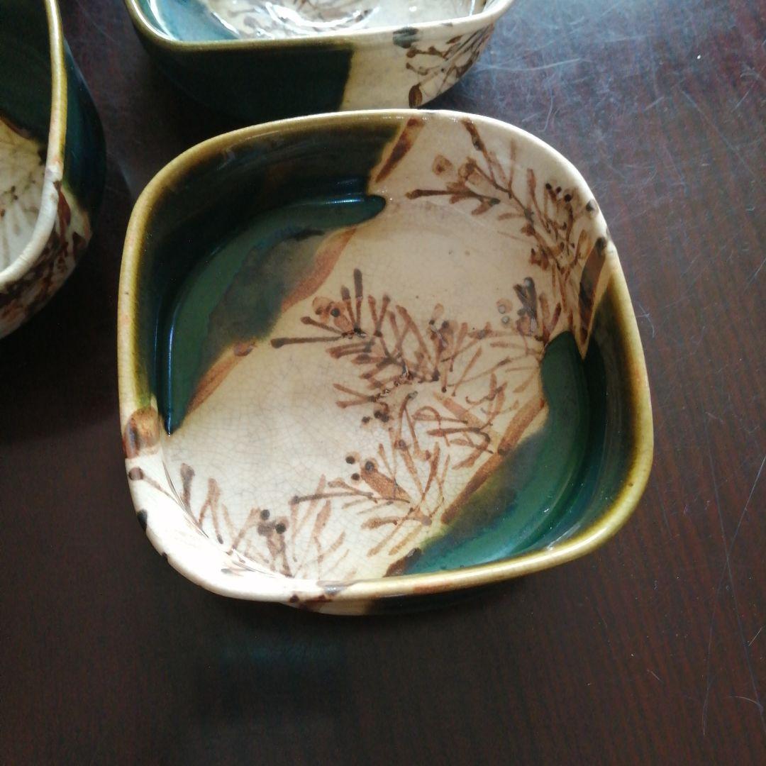 瀬戸焼　加藤作助　織部角向付　5客　11cm　大正〜昭和中期