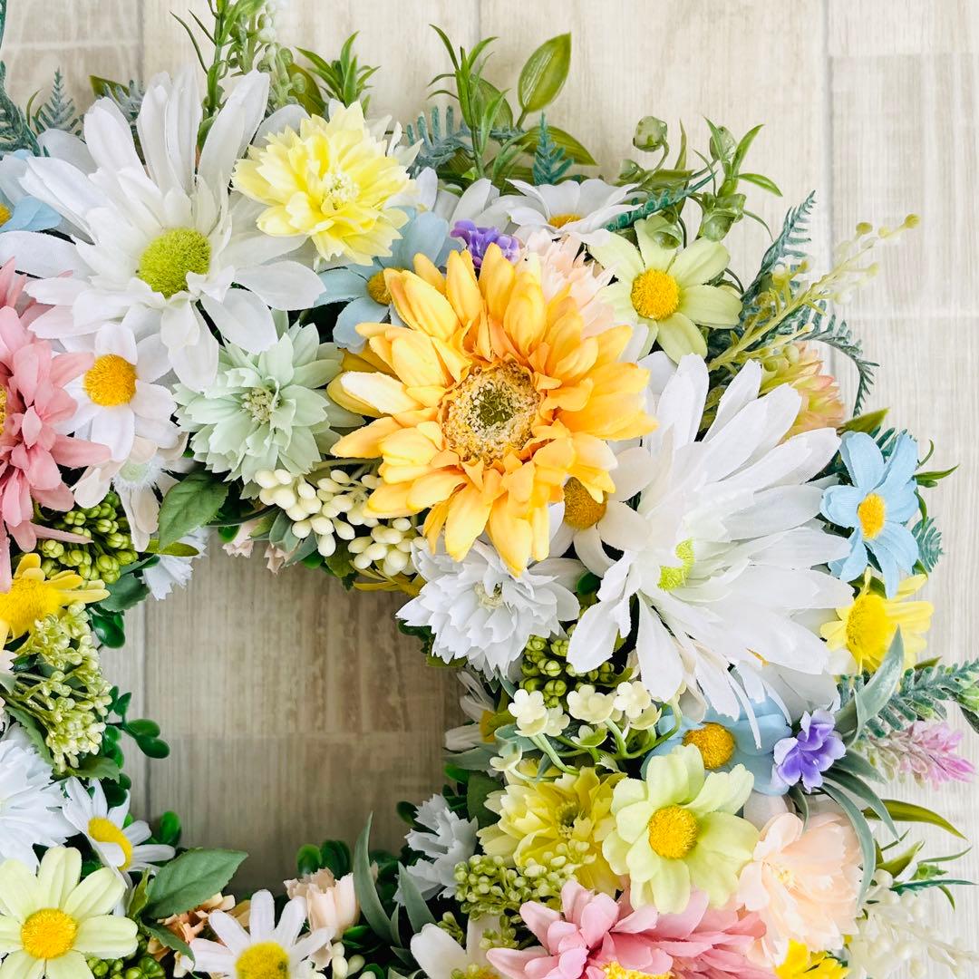 春リース 母の日 プレゼント フラワーリース 春まち パステル 特大 ガーベラ