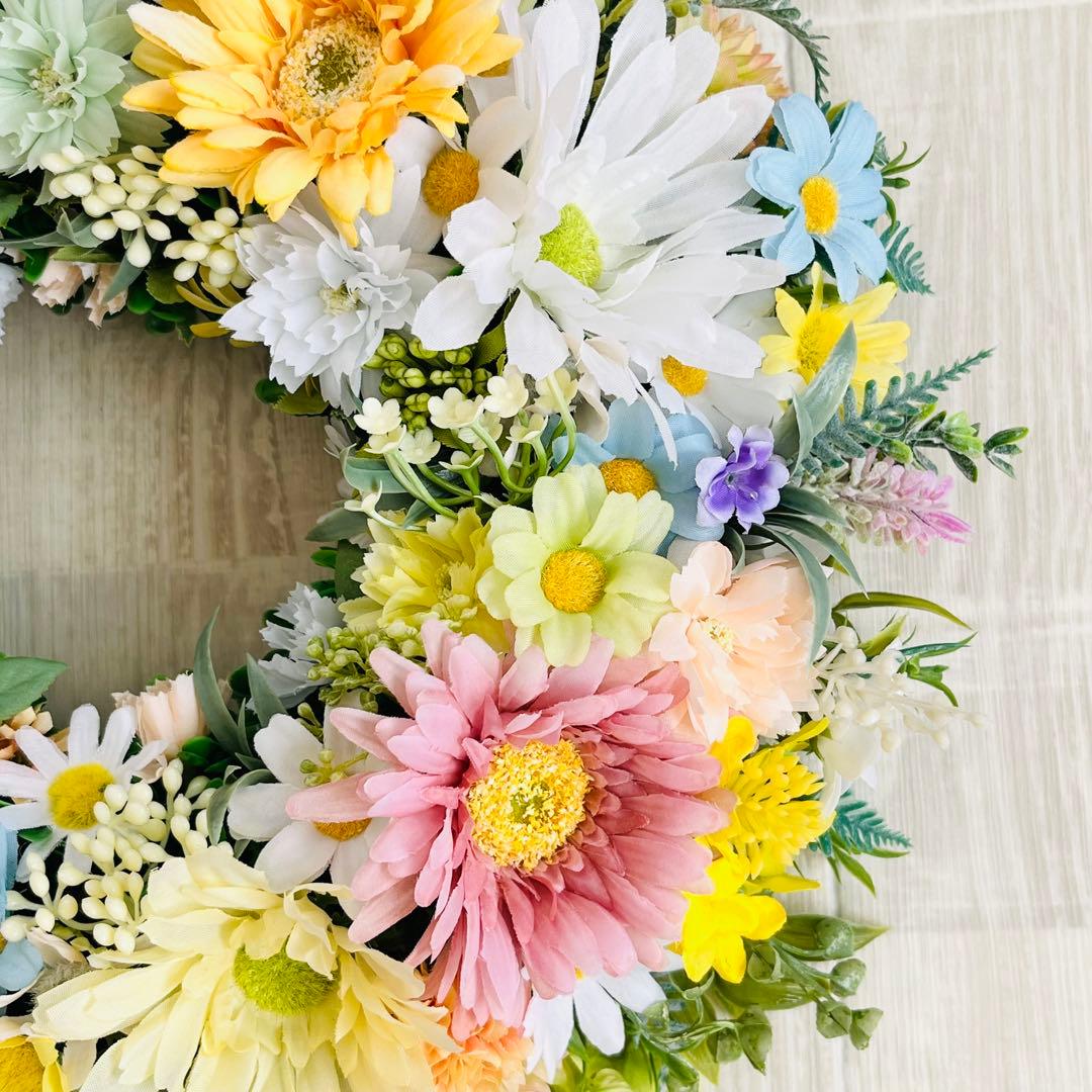 春リース 母の日 プレゼント フラワーリース 春まち パステル 特大 ガーベラ