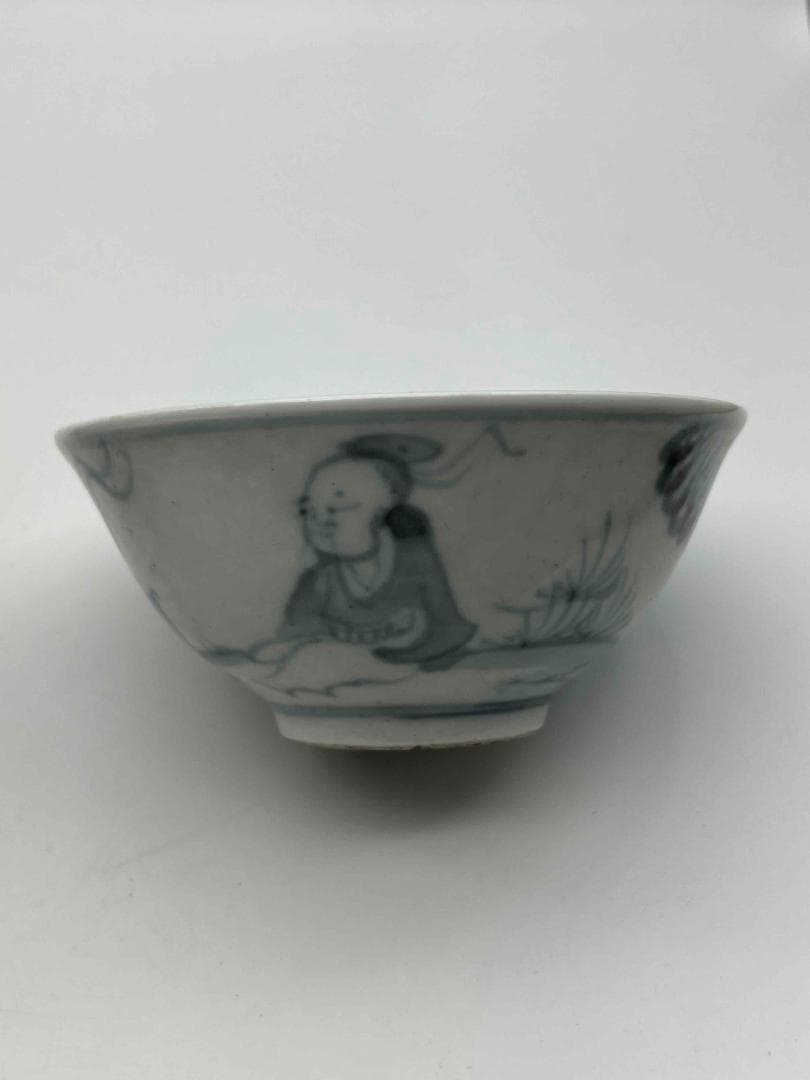 明天啓時代【天啓年製】在銘染付「貴」字紋唐子高士囲碁山水文碗一対(C-52)