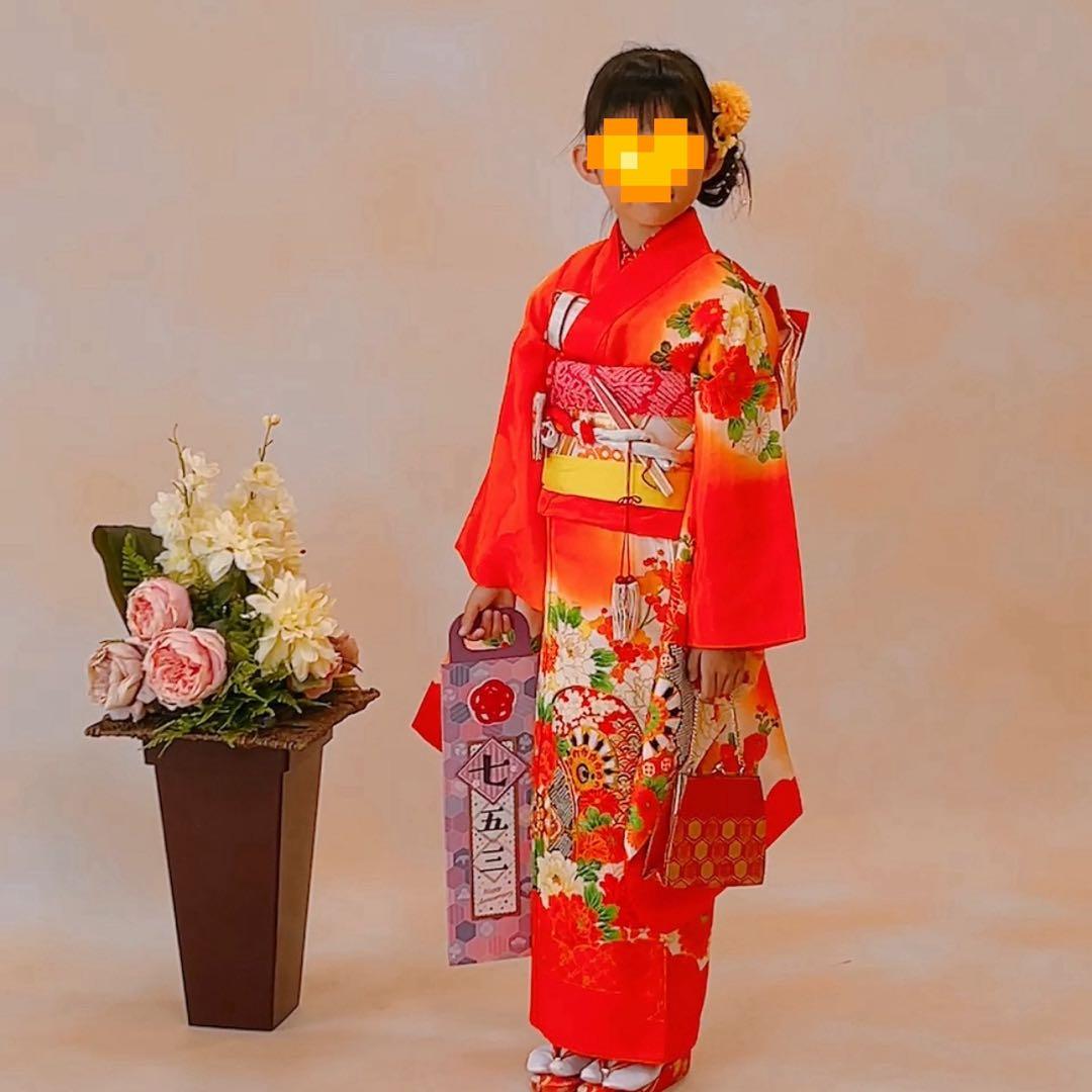 オレンジ　金駒刺繍　源氏車　花　七五三　7歳　13点フルセット　髪飾り付き