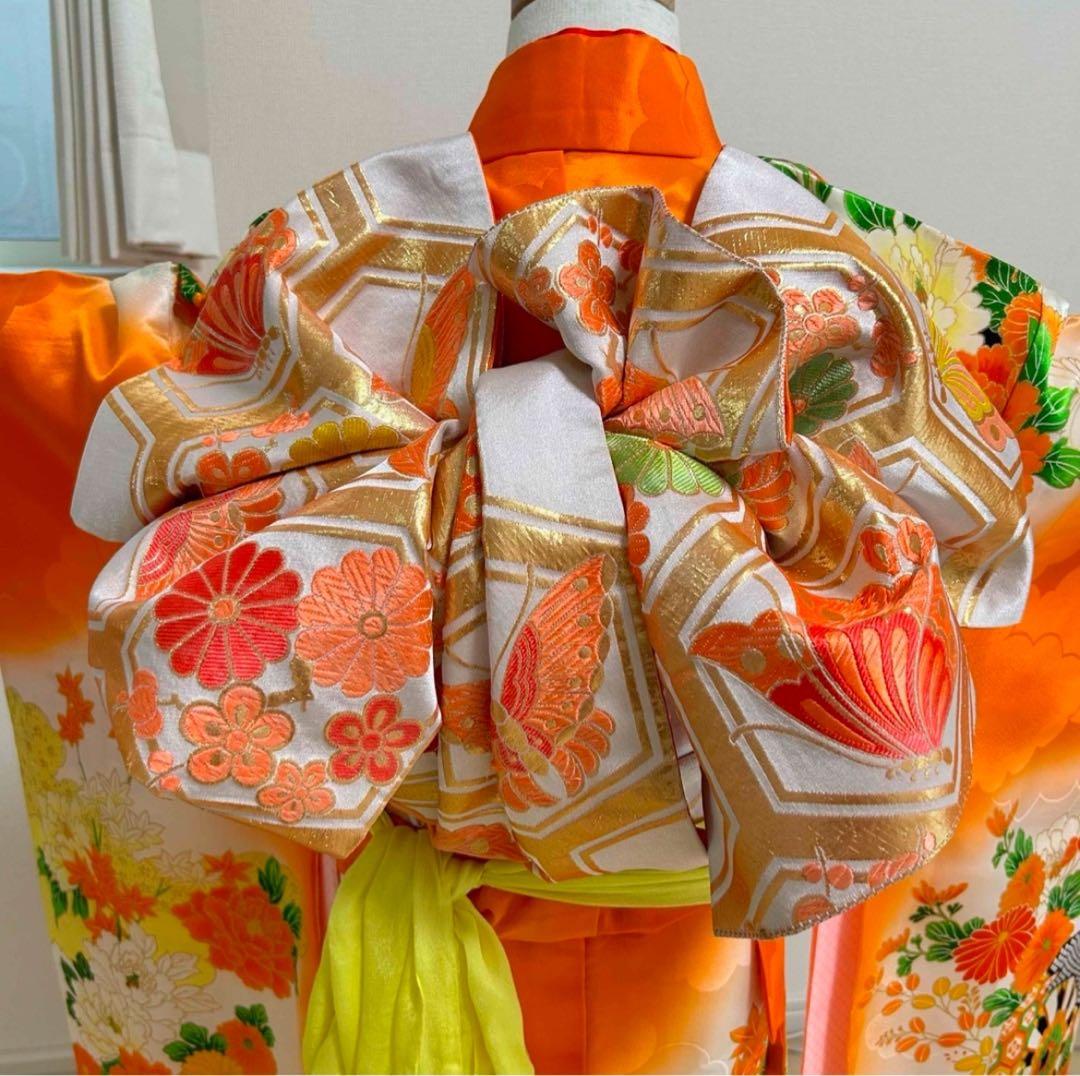 オレンジ　金駒刺繍　源氏車　花　七五三　7歳　13点フルセット　髪飾り付き