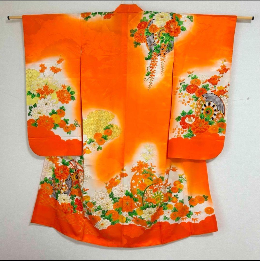 オレンジ　金駒刺繍　源氏車　花　七五三　7歳　13点フルセット　髪飾り付き