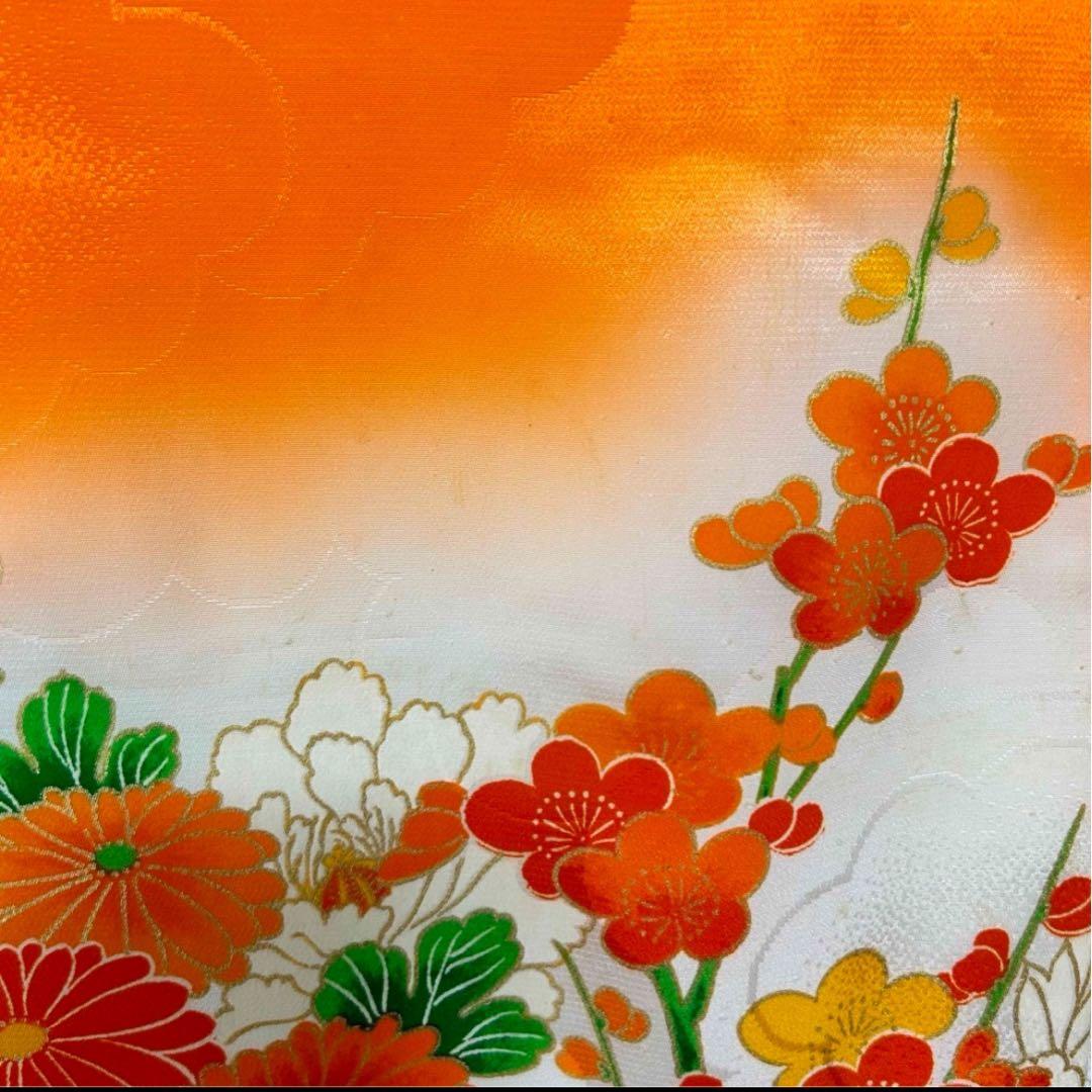 オレンジ　金駒刺繍　源氏車　花　七五三　7歳　13点フルセット　髪飾り付き