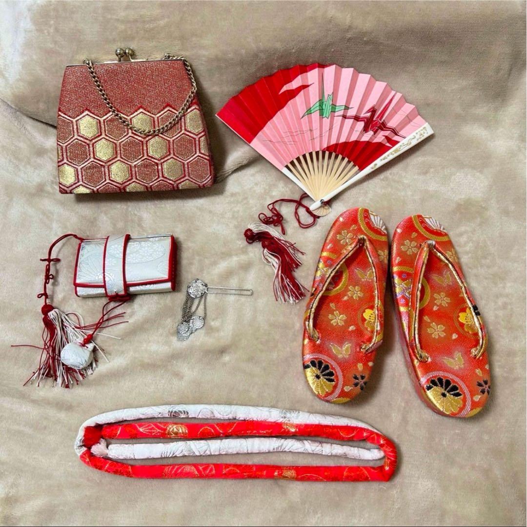 オレンジ　金駒刺繍　源氏車　花　七五三　7歳　13点フルセット　髪飾り付き