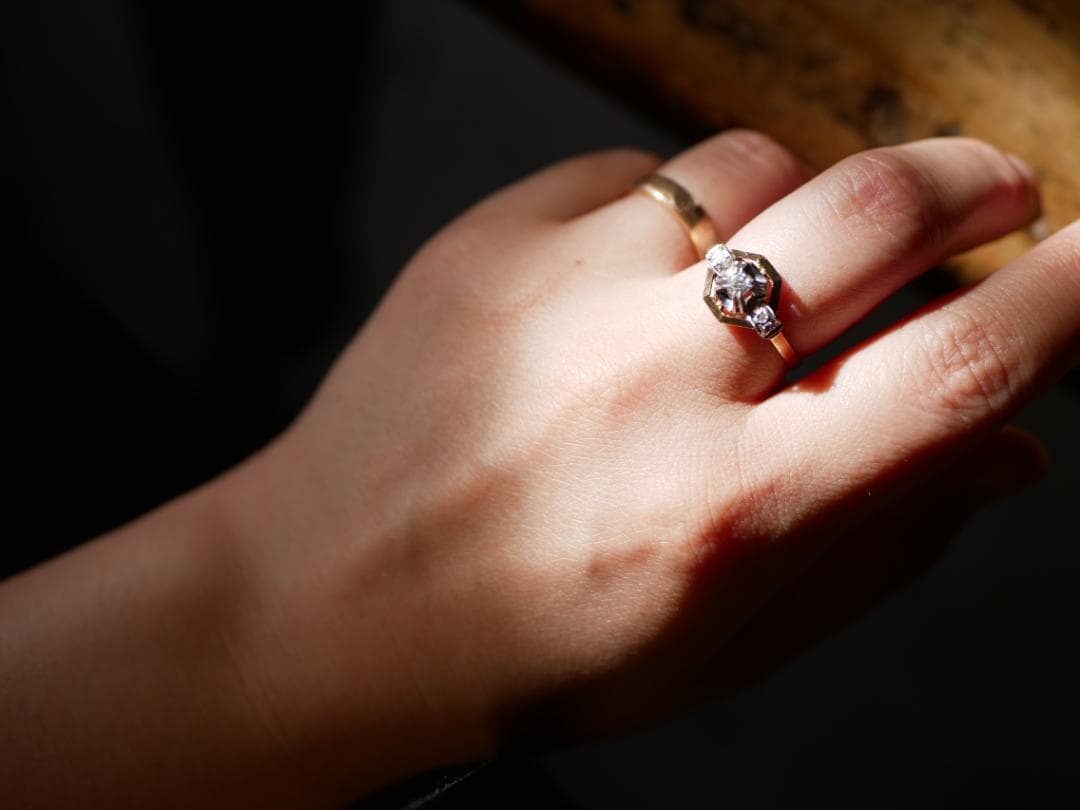 天然ダイアモンド　アールデコ　K18 アンティークリング　フランスアンティーク