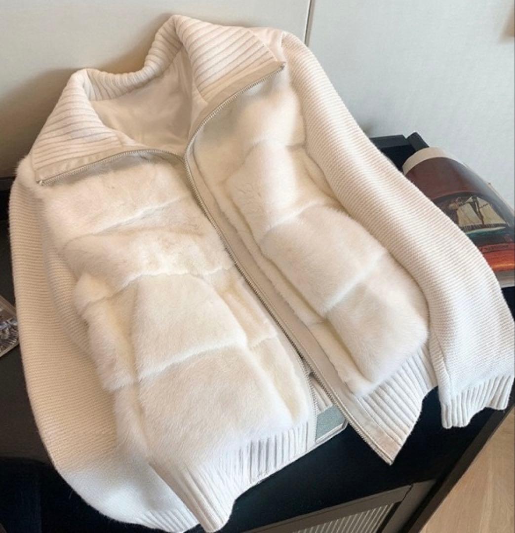 【即日発送】Mサイズ ニットスリーブエコファー ダウンジャンパー ホワイト 韓国
