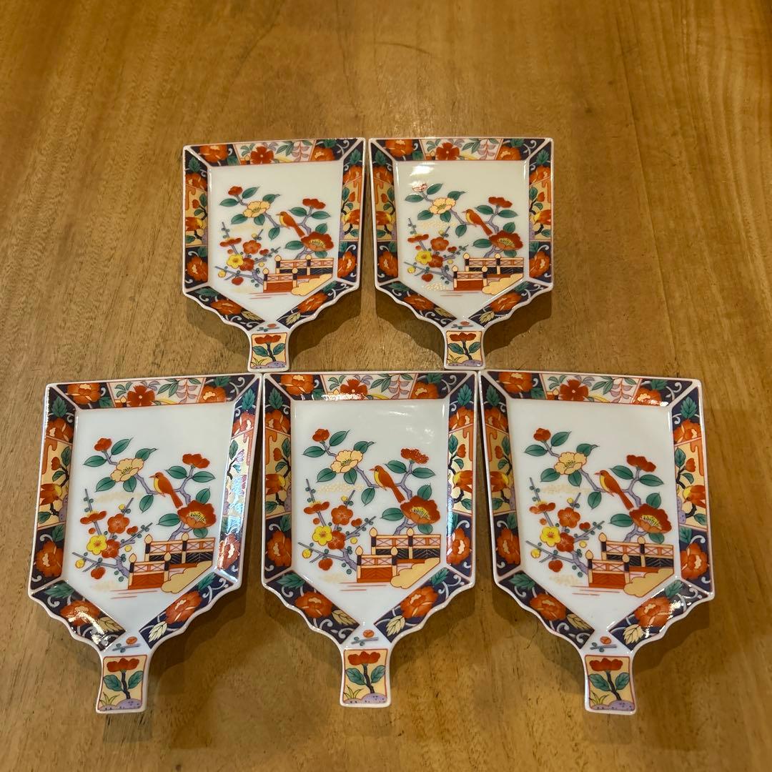 有田焼 醍醐窯　伊万里絵付　金彩花鳥文 羽子板皿　五枚