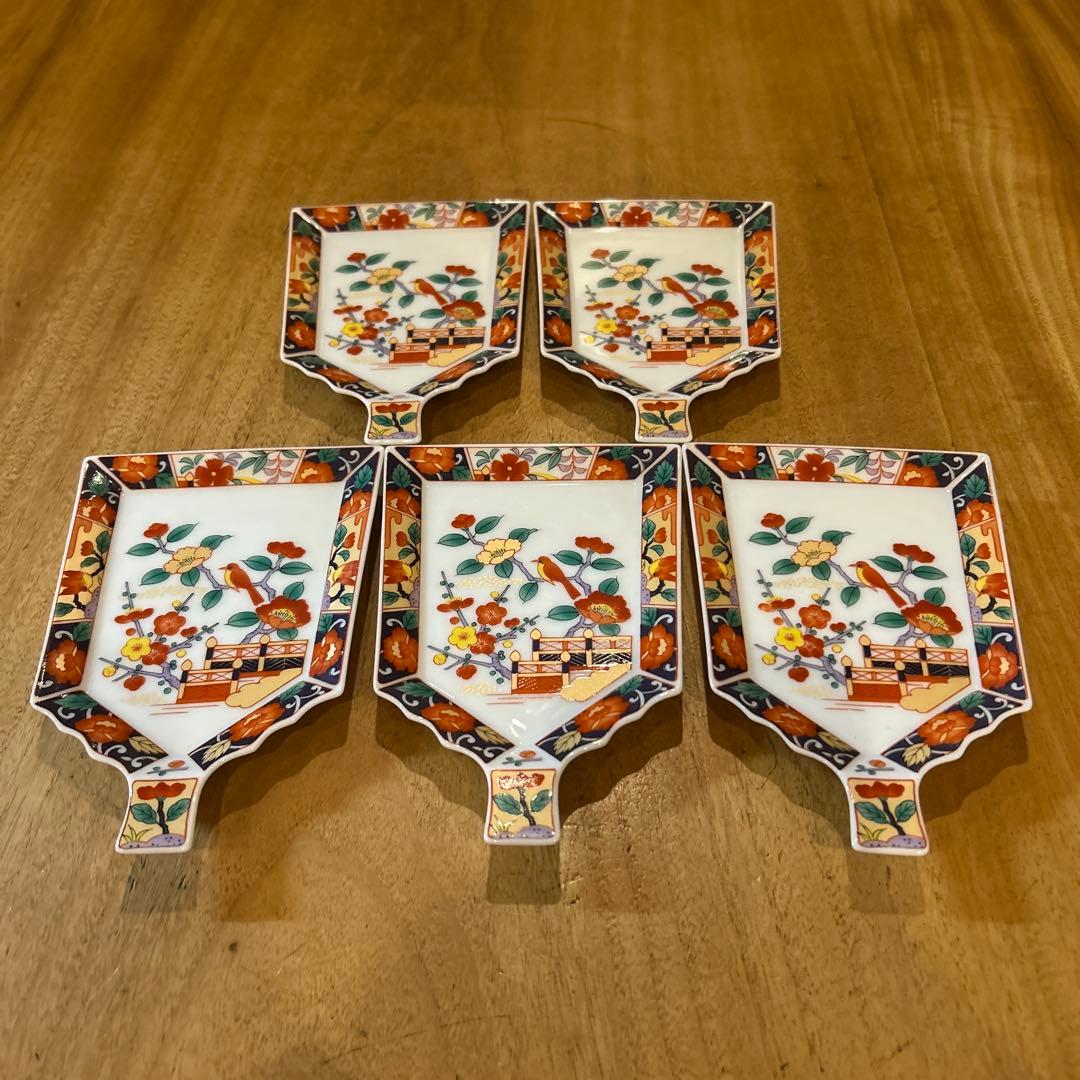 有田焼 醍醐窯　伊万里絵付　金彩花鳥文 羽子板皿　五枚