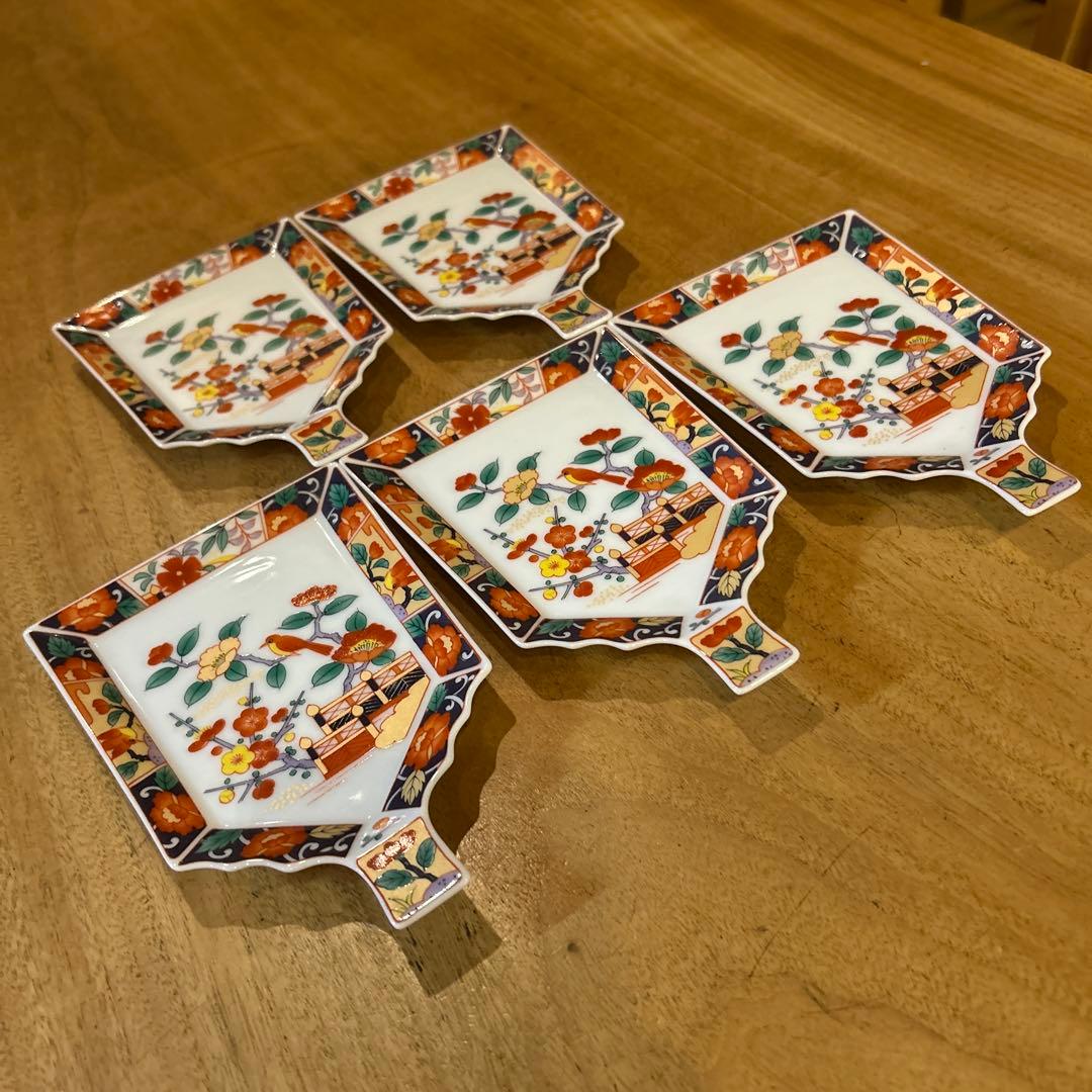 有田焼 醍醐窯　伊万里絵付　金彩花鳥文 羽子板皿　五枚