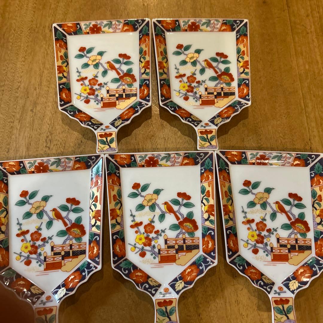 有田焼 醍醐窯　伊万里絵付　金彩花鳥文 羽子板皿　五枚