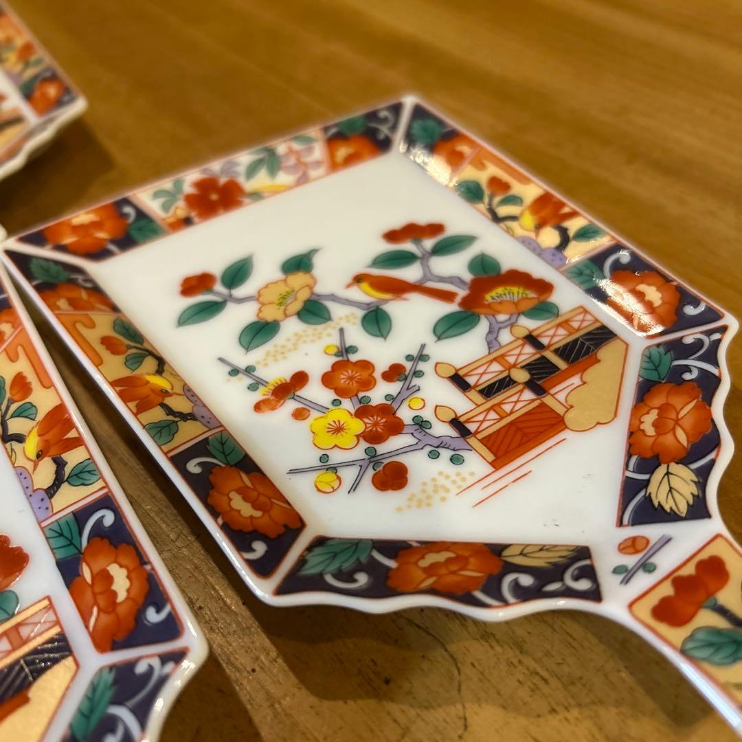 有田焼 醍醐窯　伊万里絵付　金彩花鳥文 羽子板皿　五枚