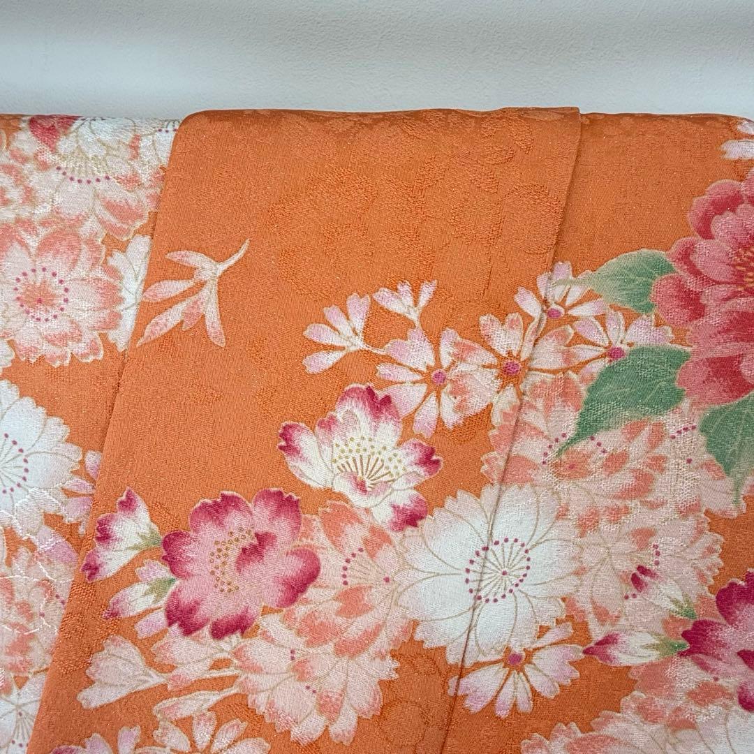 超美品　正絹　現代振袖　成人式　着物　169㎝　オレンジ　黄　桜柄　金駒　刺繍