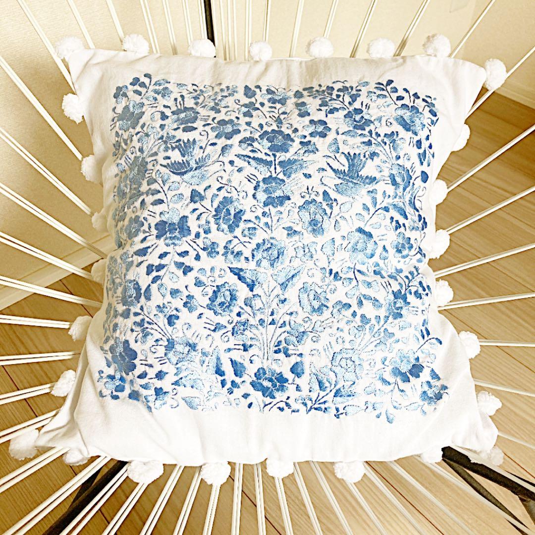 新品＊クッションカバー＊メキシコ刺繍＊ブルー×ホワイト＊水色＊メキシコ雑貨