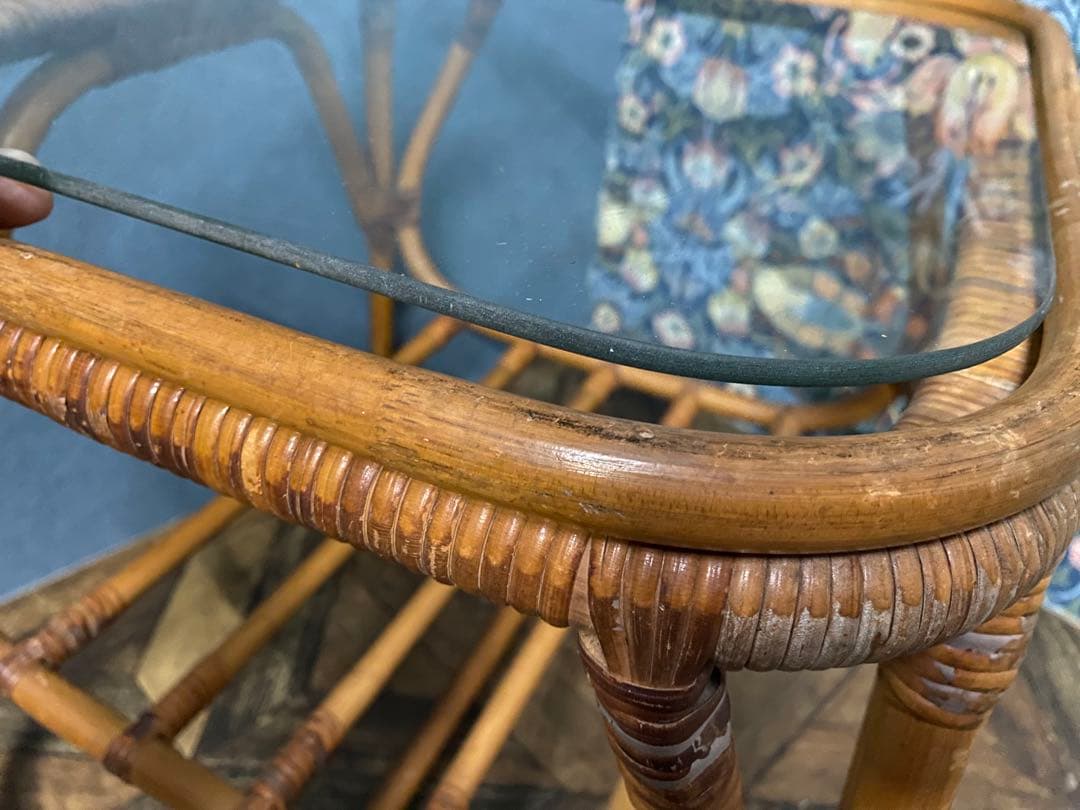 ガラステーブル 籐 ラタン 昭和レトロ インテリア 当時物