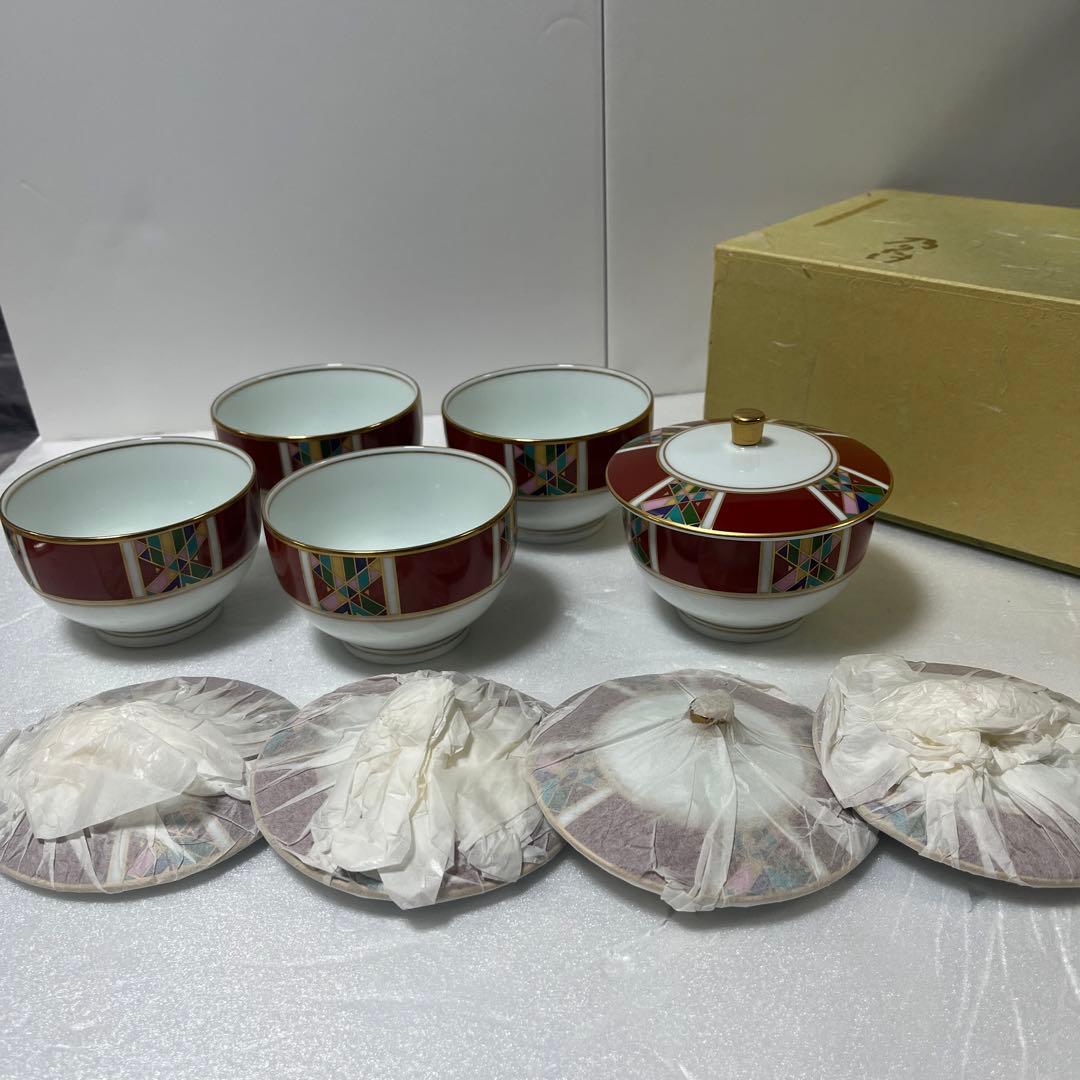 新品❤️乃りたけ　金　レトロ　幾何学模様　湯呑 ５客 蓋付き　ノリタケ　京花菱